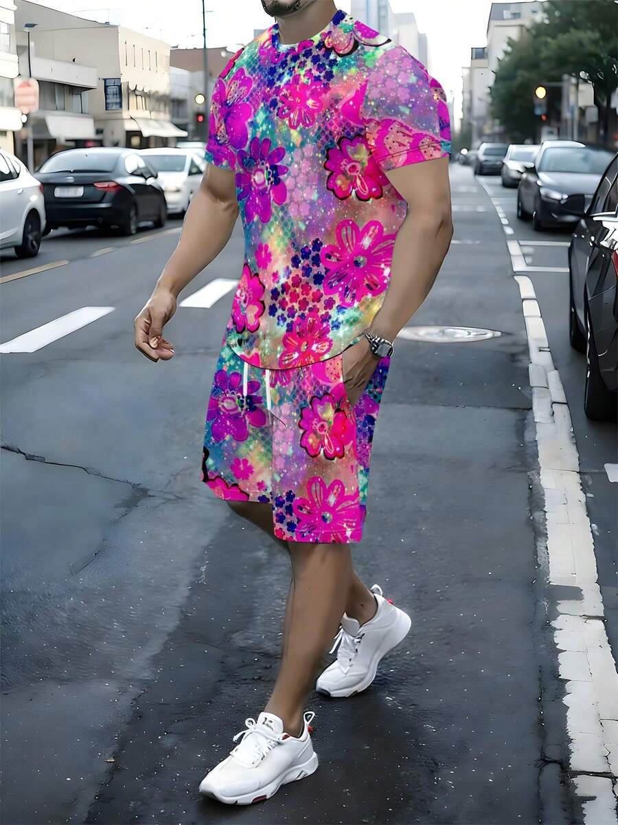 Two-Piece, Colorful And Eye-Catching, Knitted Fabric, Full Of Color, Men's Casual Outing, Summer Casual Outing, Pink And Purple Colorful Floral, Men's Short-Sleeve Beach Pants Set - 彩色 - 查看 1