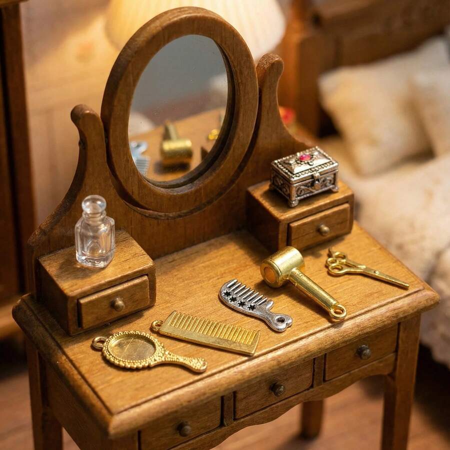 1/12比例微缩仿真梳子、吹风机、剪刀、镜子，适用于娃娃屋梳妆台、浴室桌面装饰、摄影道具 - 彩色 - 查看 1