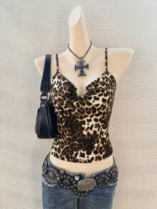 Women's Y2K Grunge Leopard Print Cami Top - Brown, U-Ring Detail, Ruched Bust, Slim Fit - Multicolor - View 2