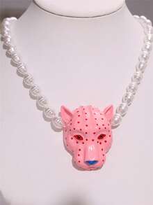 夸张粉色珐琅豹头珍珠吊坠项链，复古Y2K女士颈链，适合日常佩戴、派对、度假、街头摄影 - 彩色 - 查看 1