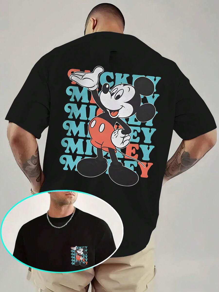 Disney Men's Casual T-Shirt, Stacked Mickey Print, Bold Retro Design, Relaxed Fit, Perfect For Streetwear Style - 黑色 - 查看 1