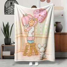 1pc Light Pink White Polka Dot S-Strawberry Pink Shortcake Cuddling Bunny Plush Print Flannel Blanket, 80s Nostalgic Gift For Fans, Sweet Themed Decor, Collectible & Cozy Throw,With For Couch, Bed, Camping, Travel, Office, Home Nap, Multipurpose Gift Flannel Blanket - multicolour 12 - 查看 14