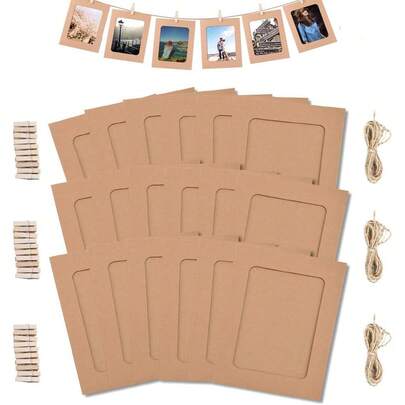 7英寸DIY纸质相框套装，包含30个相册、30个夹子和3卷麻绳墙饰，适用于家庭、办公室和学校。