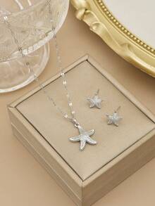 1 件精美不锈钢水钻海星项链和 1 对精美不锈钢水钻海星耳环，女士沙滩珠宝，海洋主题系列，沙滩配饰 - 金黃色 - 查看 14