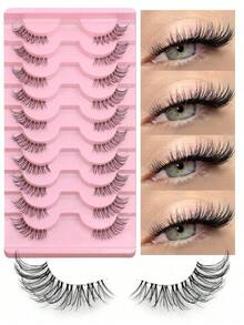 10 Pairs Half Lashes Clear Band Eyelashes Cat Eye False Eyelashes Short Soft 3d Faux Mink Eyelashes Soft Natural Makeup - 黑色 - 查看 1
