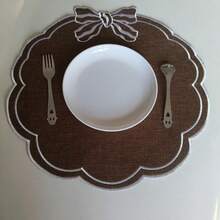 Bow Embroidered Placemats Linen Heat-Resistant Placemats For Home Restaurant Party And More - 紅棕色 - 查看 2