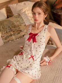 Women V Neck Sleeveless Sheer Pleated Cosplay Mini Maid Dress With Lace Up Bow Details Includes: A Dress, A Bracelet And A Leg Ring. - White - View 7