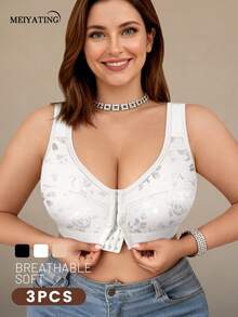 MEIYATING 3pcs/Set Women's Plus Size Front Closure Bras, Full Coverage, Soft & Breathable - Multicolor - View 4