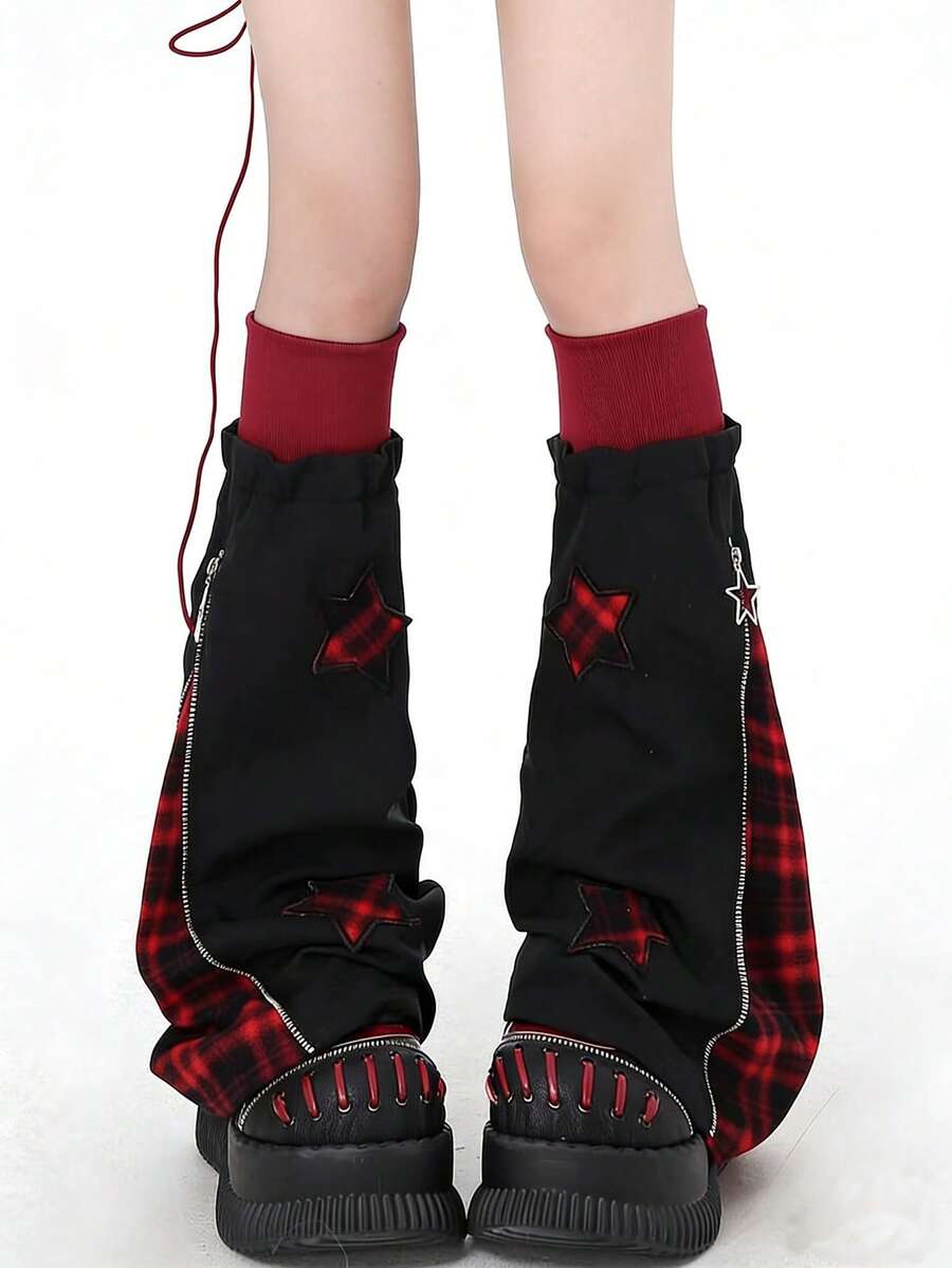 1 双黑红格子轻薄多层保暖腿套，饰有星形拼接和拉链设计，小众风格 - 黑色 - 查看 1