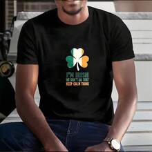 Men's T-Shirt, Women's T-Shirt,  St Patrick's Day Themed Designs Featuring,  I'm Irish We Don't Do That Keep Calm Thing   Green White Orange Shamrock Design   Centered On Black T Shirt   Bold Text With Colorful Leaf   Stylish And Playful Statement   Celebrate Irish Spirit   Fun And Casual Look Comfortable And Versatile Outdoor Casual Short Sleeve - Negro - Ver 3
