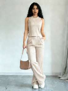 el mejor regalo para el Día de la Madre:(El pintalabios se envía al azar como obsequio junto con el producto comprado)Ropa Dos piezas para Mujer Botón Bolsillo Cremallera Canalé Liso Casual - Albaricoque - Ver 4