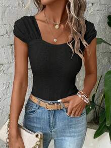 Womens Square Neck Tank Top Eyelet Cap Sleeve Slim Fit Backless Tee Going Out Summer Tops - 黑-1 - 查看 3