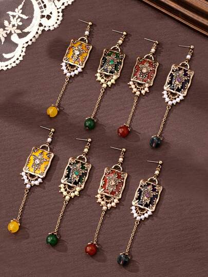 1 Pair Elegant European Style Square Geometric Design Tassel Drop Earrings, Suitable For Daily Wear, Festivals And Vacations