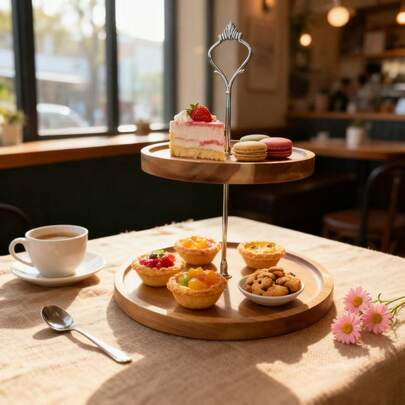 Soporte para tarta de una sola pieza de madera de acacia, bandeja, soporte para tarta, soporte para tarta de dos niveles, bandeja de postres, bandeja de madera de dos niveles, soporte para magdalenas de alta gama y duradero, bandeja para pasteles, plato de frutas, perfecto para bodas, cumpleaños, eventos, meriendas y talla grande. Accesorios de cocina para alimentos. Aplicable a Navidad, Halloween, Pascua y Acción de Gracias.