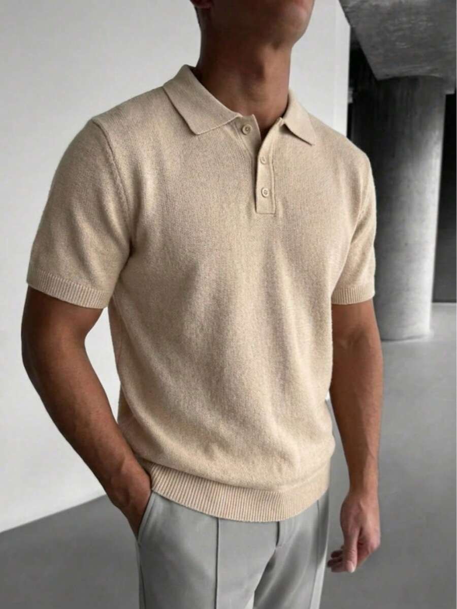 ANDREILEE 春夏男女通用休闲街头风商务通勤约会轻薄简约宽松 Polo 领翻领纽扣半门襟短袖常规针织衫，杏色 - 杏色 - 查看 1
