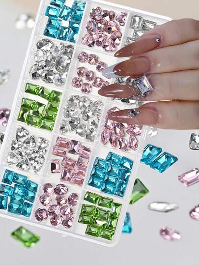 90Pcs 15Grids Sparkly Luxury Diamond Nail Rhinestones Square/Heart/Oval Mix Glass Gemstones Pointed Diamond Nail Art Decoration