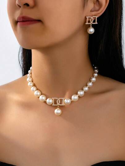3pcs Luxury Exaggerated Letter & Pearl Necklace Earrings Set, Suitable For Daily Wear