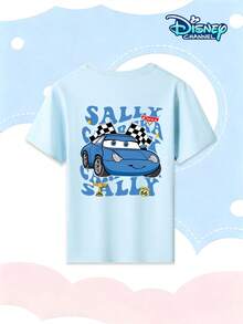 Disney Cars Classic Sally Character Collaboration Short-Sleeve T-Shirt For Girls, Summer, Round Neck, Loose Fit, Comfortable And Shape-Retaining Pullover, Pairs With Jeans, Overalls, Shorts, Pleated Skirts, Dresses, Casual Cargo Pants, Suitable For Children Aged 3-12, Double-Sided Creative Print Cartoon Racing Pattern Top, Exclusive Style For Baby's Holidays, Vacations, Outings, School Days, Daily Wear, Comfortable, Eye-Catching, Birthday Gift, Excellent Children's Cartoon Pattern Top, Great For Friends, Outings, Photogenic, Skin-Friendly, Breathable, Washable, Colorfast, Suitable For Everyday Wear, Home, Casual, And Outdoor Play, Suitable For Spring, Summer, And Autumn, Versatile Cartoon Short-Sleeve Top For Girls - Baby Blue - View 4