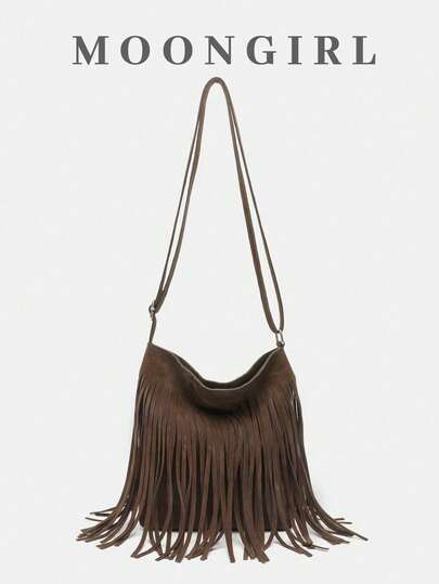 1pc Women's Vintage Coffee Color Tassel Bucket Bag, Reversible Tassel Crossbody Bag, Ladies Shoulder Handbag