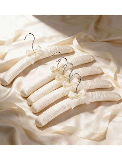 5pcs Satin Padded Fabric Hangers, Silk Wrapped, Silver Hooks, Foam Padded, Suitable For Garment Store Display, Wedding Suit Hangers For Bride & Groom, Wooden Interior, Bow Decor, Multi-Color Dress Hangers, Soft & Gentle On Clothes