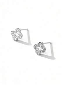 1 Pair Fashionable, Elegant, Minimalist Shiny S925 Sterling Silver Hollow Four-Leaf Clover Cubic Zirconia Earrings, Suitable For Women's Anniversary Wear - Silver - View 1