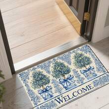 1pc Elegant Blue & White Floral Welcome Mat With Green Topiary Trees & Bow - Non-Slip PVC Backing Suitable For Indoor/Entry Door, Porch - Machine Washable Soft Mat, Holiday Housewarming Gift (Blue White Porch Decor) - 彩色 - 查看 5