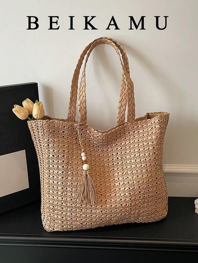 BEIKAMU Moderiktig enfärgad tygväska med stor kapacitet, axelväska med dubbla handtag och tofsdesign, mångsidig stråväska för strandsemester