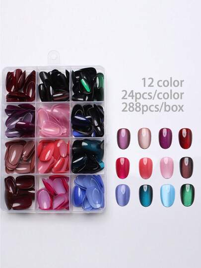 288片纯色猫眼美甲贴片，12色亮泽渐变亚克力假指甲，女士美甲必备。内含1瓶果冻胶和1把指甲锉。独特设计：这款猫眼美甲采用亮泽的猫眼设计，让您的指甲更加迷人。优雅时尚，助您脱颖而出。用途广泛：12种颜色的猫眼假指甲适合各种社交场合。
