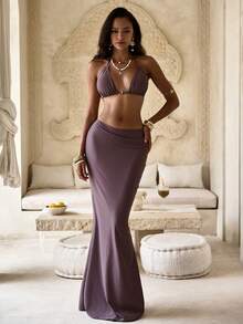Bộ bikini nữ thanh lịch, thời trang mùa hè, kiểu dáng buộc dây cổ màu tím, gợi cảm, kèm váy sarong, thích hợp cho các bữa tiệc, tụ họp, mùa xuân, biển, giải trí, kỳ nghỉ, lãng mạn, thiết kế thời trang, độc đáo, giản dị, phong cách bohemian, du lịch, thư giãn hàng ngày. - màu nâu - Xem 2