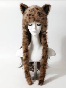 Cute Animal Leopard Print Plush Ear Warmer Hat, Cat Ear Design, Warm Outdoor Winter Party Cosplay Prop - A - View 11