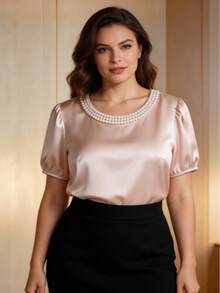 大码女式春夏时尚通勤纯色缎面珍珠装饰泡泡袖上衣，适合情人节约会、婚礼宾客穿着，优雅春季款 - 香檳色 - 查看 5