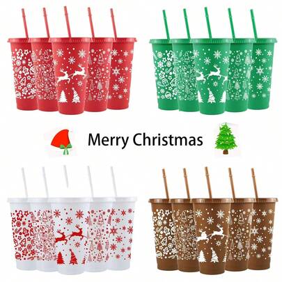 10个/5个创意吸管杯，带吸管和盖子，多种颜色可选，可重复使用，圆形，仅限手洗，适用于冷水、热水、果汁、汽水、饮料、咖啡等，是圣诞节、感恩节、返校节、居家、办公、派对、情人节、生日、母亲节及其他活动的完美礼物