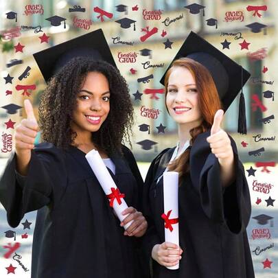 100个闪光2026毕业礼物，黑红毕业装饰，毕业帽星星祝贺毕业证书桌面散落装饰，2026毕业派对装饰