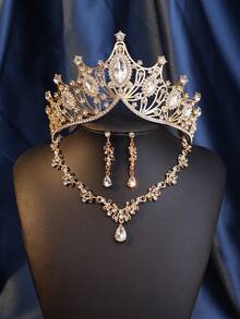 4件套皇冠头饰套装，优雅水晶女王皇冠项链耳环新娘婚礼配饰 - 金色 - 查看 8