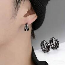 1对简约双层耳环，适合男士日常、节日和派对佩戴 - 黑色 - 查看 3