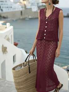 Women's Casual Vacation Lace-Up V-Neck Sleeveless Knit 2-Piece Dress Set, Spring/Summer - Burgundy - View 2
