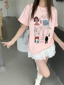 女款 Y2K 美学粉色图案涂鸦插画印花短袖T恤宽松可爱原宿风街头风休闲夏季上衣 - 粉色 - 查看 3