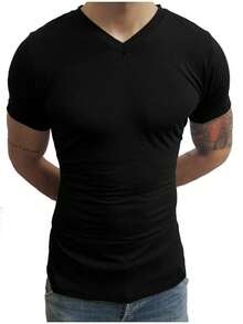 Men's V-Neck Slim Fit Short Sleeve T-Shirt With Elastane - màu đen - Xem 5