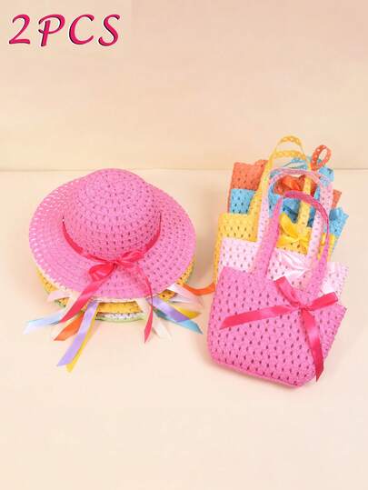 2 pezzi Set cappello di paglia con fiocco e borsa a tracolla per ragazze, outfit minimalista traspirante e leggero con fiocco adatto per primavera/estate, ideale per bambini/bambini piccoli per attività all'aperto, spiaggia, feste, King's Day, regalo ideale per bambini