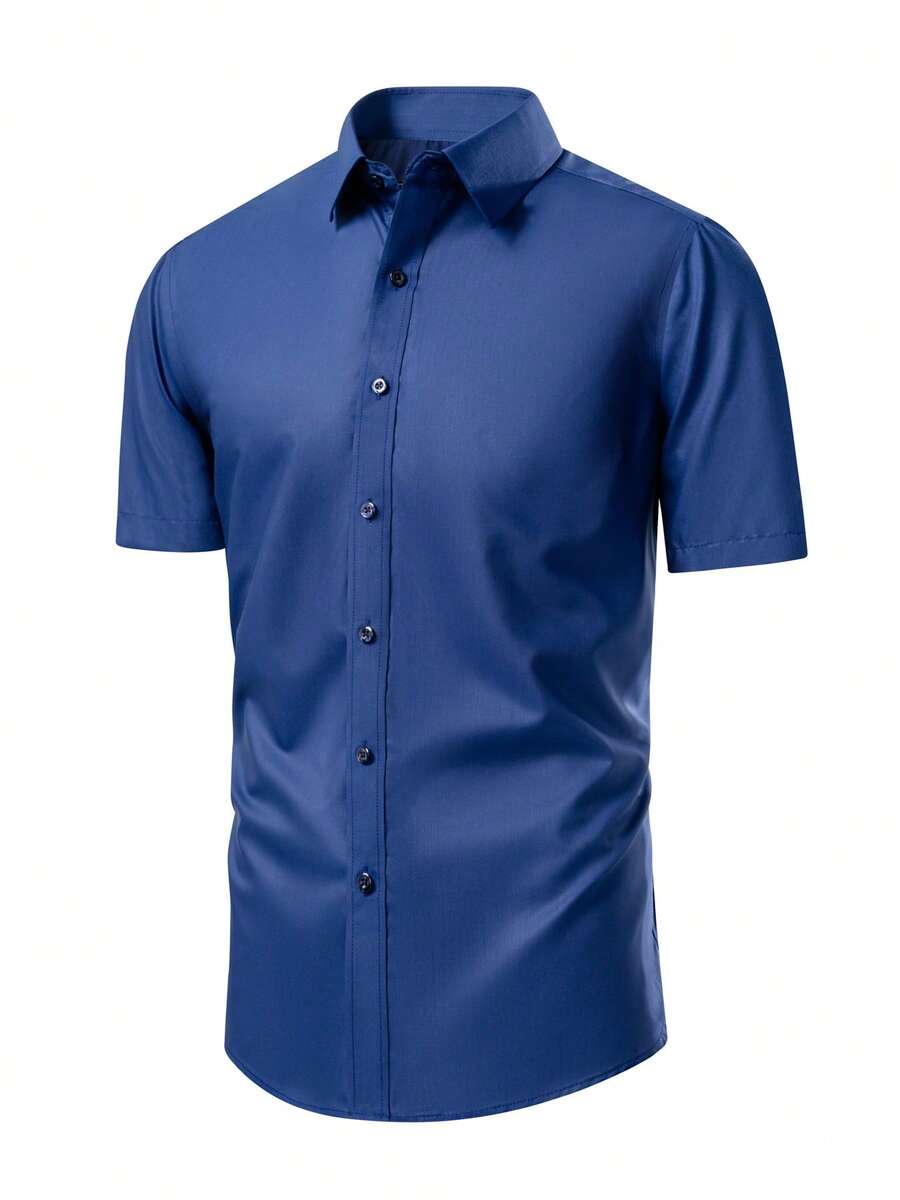Men's Plain Slim Fit Short Sleeve Shirt, Simple Fit, No Pockets, Wrinkle-Free - Màu xanh hải quân - Xem 1