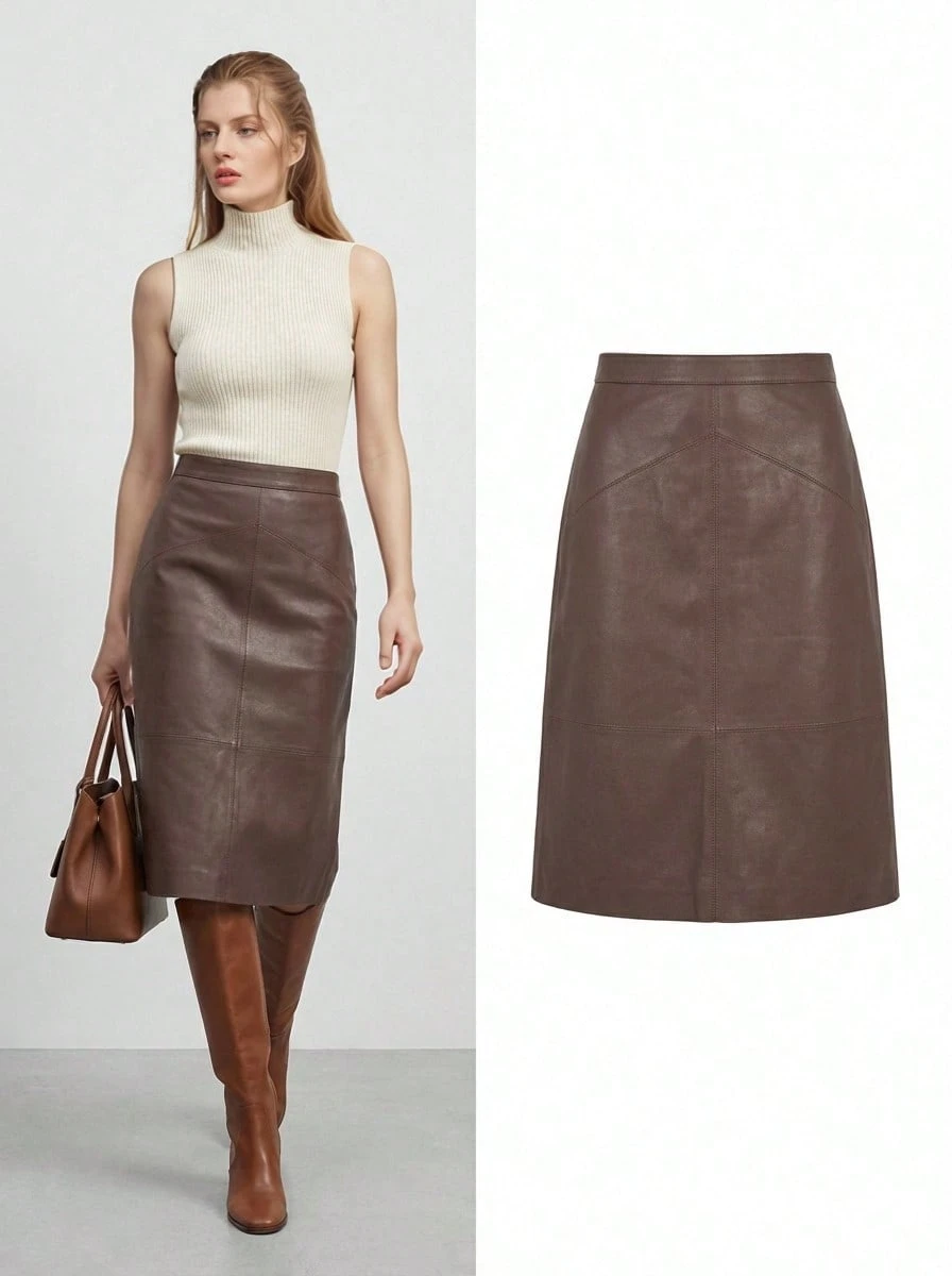 Naf Naf Elegant Chocolate Faux Leather Skirt Jupes Chocolate Brown PET - 巧克力棕 - 查看 1