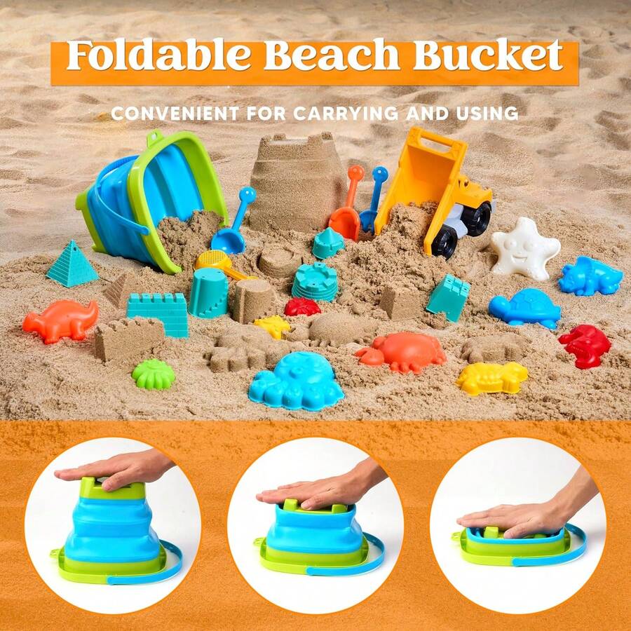 Juego de Juguetes de Playa Sloosh - Camión Volquete de Juguete con Moldes de para Niños Pequeños, para Jugar al Aire Libre, Cubos Plegables, Bolsa de Malla, Palas de, Moldes de Castillos y Animales, Juguetes para Niños (Animales) - Animales - Ver 1