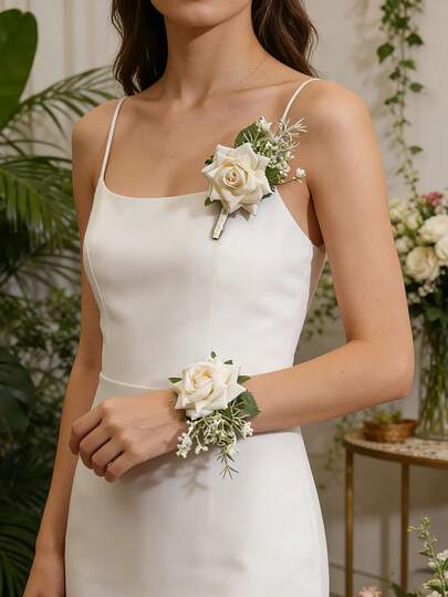 1pc/2pcs Wild Rose & Baby's Breath Floral Corsage & Wristband, Romantic Rustic Style For Bride, Groom, Bridesmaids, Groomsmen, Weddings, Graduations, Galas, Events