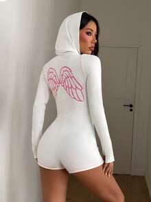 女士白色连帽长袖连体裤，带拉链细节和天使印花，短款针织面料连体裤，略带弹性，春季优雅款 - 白色 - 查看 6