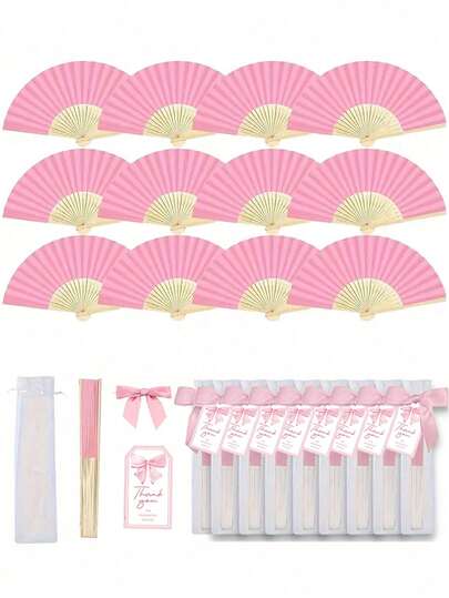 Set de 1/4/20/40 piezas de abanicos plegables elegantes de color rosa, incluye etiquetas de agradecimiento y bolsas de regalo, abanicos de mano de bambú para novia, perfectos para regalos de damas de honor y decoración de bodas, ideales para fiestas y eventos, un accesorio de verano maravilloso
