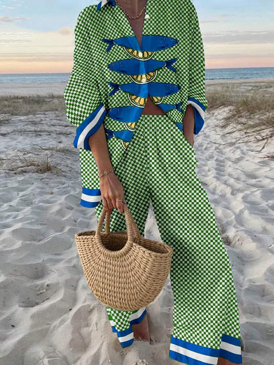 女士宽松休闲沙滩度假格子柠檬沙丁鱼印花长袖上衣和裤子两件套，秋冬春季 - 藍綠色 - 查看 1