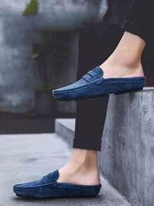 Men's Slip-On Loafers, Lightweight Breathable Shock-Absorbing Round Toe Backless Flat Mules, Retro Casual Summer Walking Shoes, Blue Suede Faux Leather Loafers Slippers, Big Size 12 13 14 15 - Blue Hollowed-out - View 5