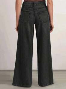 New Fashion Women Loose Fit Elastic Waist Wide Leg Jeans, High Quality Casual Clothing - 黑色 - 查看 4