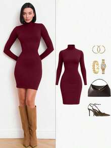 Vuslat Women's Spring Fashion Elegant Minimalist Turtleneck Fitted Short Mini Dress, Spring Apparel, Valentine's Day Outfit, Wedding Guest Dress, Casual Dress, Red Dress - Burgundy - View 8