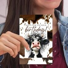 1张可爱奶牛生日贺卡，附带信封 - 高品质纸卡，趣味奶牛图案，印有“生日快乐”字样，适合送给家人和朋友 - A - 查看 5